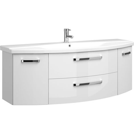 Badezimmer 140cm Waschtisch Hochglanz weiß FES-4010-66 mit Keramik Waschbecken - B/H/T: 144/54/50cm (1/5)