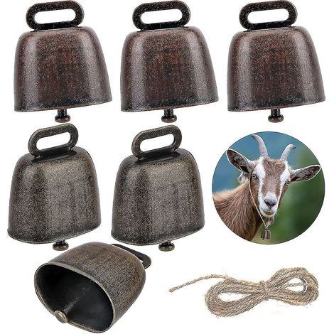 Lot de 6 cloches pour vaches, moutons et pâturages, cloches en cuivre et en bronze pour bétail, accessoires antivol pour l'élevage de chèvres. (1/5)