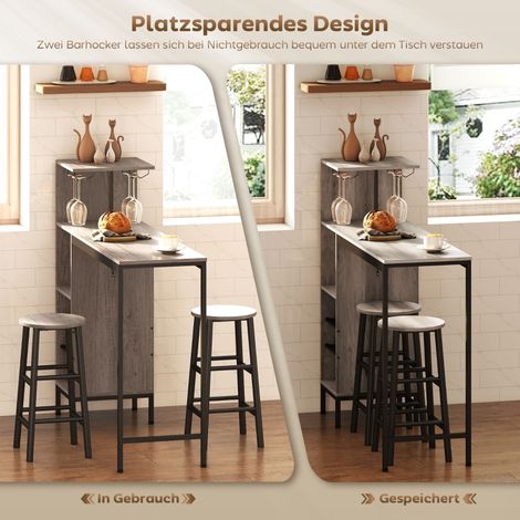 Set tavolo e sedie da bar con 1 Tavolo da Bar e 2 Sgabelli, Vani Contenitori e Portabicchieri, Legno e Acciaio, Grigio (1/5)