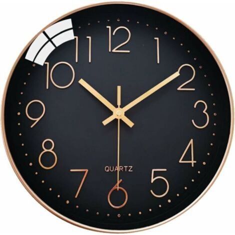 Horloge murale silencieuse 30 cm – Cadran noir avec chiffres arabes en or rose – Pointeurs en métal et couvercle en verre – Pour salon, chambre, cuisine, bureau