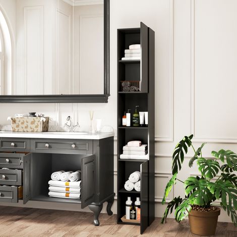 Colonne Salle de Bain 2 Placards, Étagères Réglables, 2 Niches, 30x30x181,5 cm, Noir (1/5)
