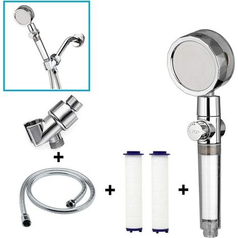 Douchette, Pommeau de Douche anti calcaire economie deau, Pommeau de Douche Helice Haute Pression Pivotant Filtre à Trois Niveaux Système de Filtrage avec,2 Coton PP Remplaçable (bleu) (1/5)