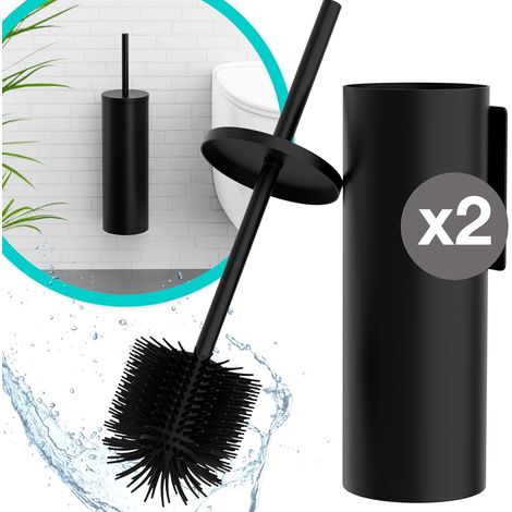 2 Kits Brosse WC, Silicone Souple, Boîtier Métal Noir Mat, Fixation Murale Adhésive ou Vis, Salle de Bain (1/5)