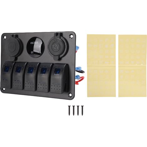 Ortviai Tableau de commande à bascule 5 voies en aluminium avec rétroéclairage bleu, double port USB et voltmètre, étanche IP65 (1/5)
