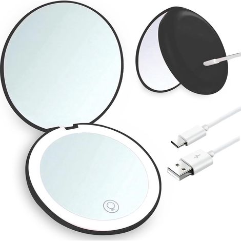 Miroir de maquillage double face - Miroir de maquillage lumineux - LED - Grossissement x10 - Petit miroir lumineux à intensité variable - Convient aux sacs à main - Noir (1/5)