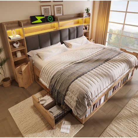 Lit moderne coloris chêne 180x200 cm avec tête de lit rembourrée, LED, USB/USB-C, chevets mobiles et tiroirs
