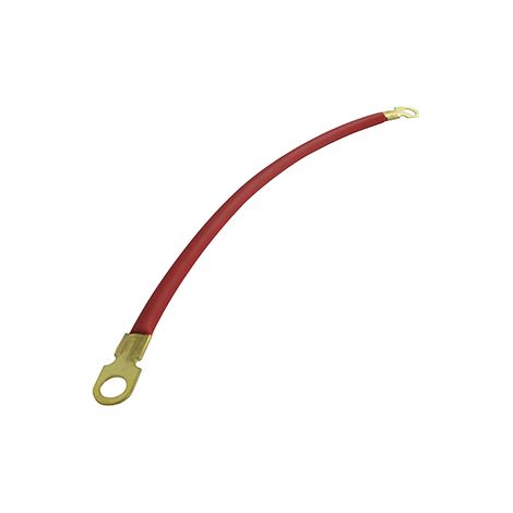 Cavo batteria rosso a 6 conduttori con guaina in policloruro di vinile. Lunghezza: 305 mm con occhielli ø: 10 mm.