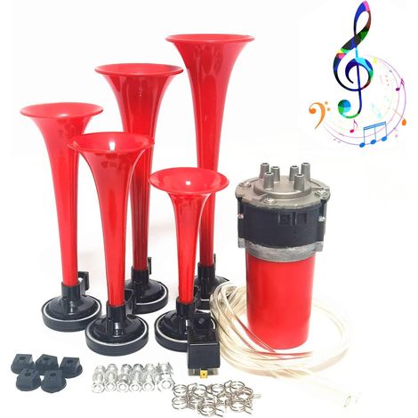Clacson per auto da 12 V, clacson musicale, clacson per barche, tromba Dixie a cinque tubi da 160 dB, clacson ad aria compressa rosso per camion con altoparlante a pompa d'aria, clacson per auto da 12