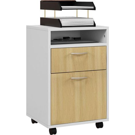 Meuble mobile blanc et naturel à roulettes avec tiroir, armoire imprimante, 40x35x60 cm, design bureau compact (1/5)
