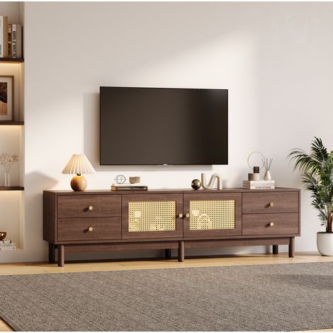 Mueble TV 180x35x44 cm en paneles de madera marrón, con almacenamiento para salón, FloraGrace (1/5)