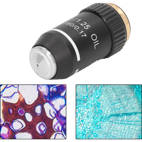 Schwarzes achromatisches Objektiv 195 für Mikroskope, 100-fache Vergrößerung, Ölimmersion, 20,2-mm-Gewinde, Standard-RMS-Größe (1/5)