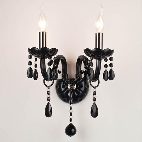 RHG Applique murale d'intérieur classique à  en nickel noir brillant métallique avec gouttes de cristal noir pour tête de lit de couloir de chambre à coucher de salon E14 (1/4)