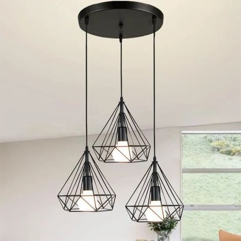 U-Do Lustre Suspension Luminaire Industriel 3 Têtes Lampe Abat - Jour Cage forme Diamant en Fer Noir E27 pour Salon Cuisine (1/4)