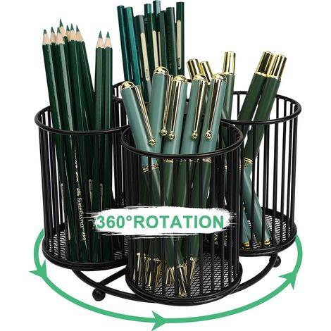 Porte-stylos rotatif noir avec 4 compartiments, grande capacité pour crayons de couleur, organiseur de bureau (1/5)