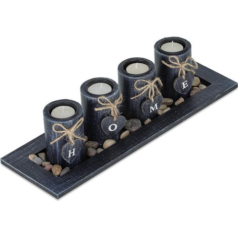 Porte-Bougies lot avec Plateau et Pierres, 39,5 cm de Longueur, décoration Table Salon, bougeoir «Home», Noir (1/5)
