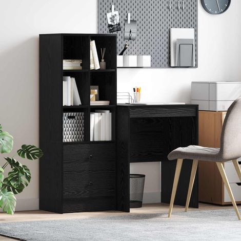 Escritorio con cajón con estante 2 pcs Roble Negro