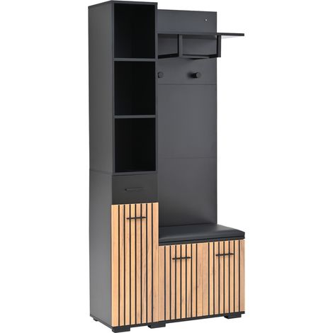 Recibidor con perchero y banco zapatero 80 x 35 x 175 cm negro y madera (1/5)