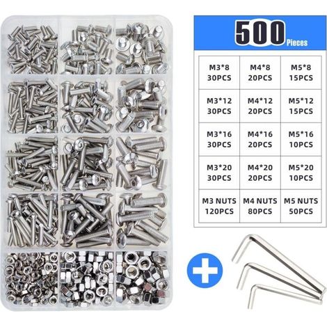 Set de 500 boulons en acier inoxydable M3 M4 M5 – Tête ronde et hexagonale – Résistance à la traction jusqu'à 800 MPa – Pour assemblage mécanique - m3m4m5 (1/5)