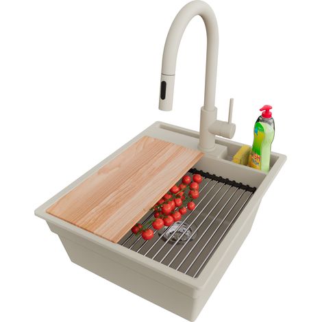 PRIMAGRAN Evier Cuisine en Granit 43x53cm,Lavabo 1 bac + Robinet 40x20cm + Kit de Vidage + Accessoires, Évier à Encastrer au meuble 45cm - Oslo Pocket, Beige (1/5)