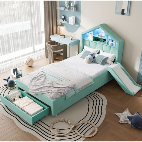 MODFU – Cama tipo cabaña infantil 90x200 cm de terciopelo con tobogán reversible, LED, puerto de carga y cajón de almacenamiento – Azul verdoso (1/5)