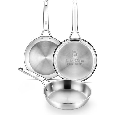 BRA Signature  Set di 3 padelle in acciaio inox 18/10, 20-24-26 cm, senza rivestimento antiaderente, triplo fondo diffusore, adatte a tutti i piani cottura, induzione inclusa, finitura lucida (1/5)