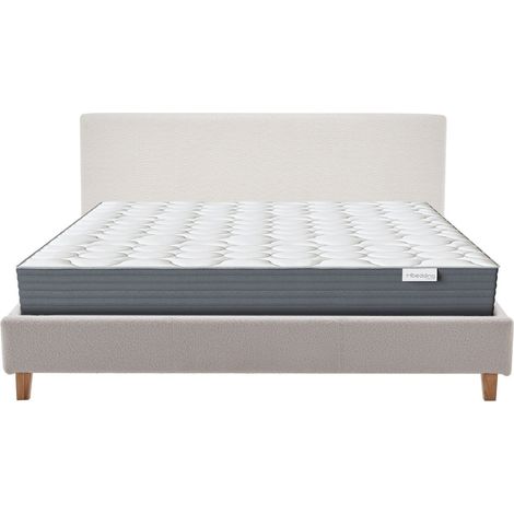 Ensemble Lit adulte 140x190cm avec tête de lit en tissu bouclé beige - Milo + Matelas mémoire de forme - Memo HR (1/5)