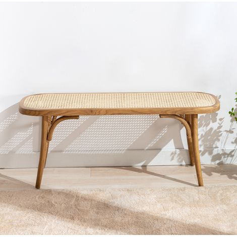 Wahson Sitzbank Rattan 115,5 x 34 x 47cm, Vintage-Stil mit Rattan-Sitzfläche und Holzrahmen für Flur Eingang und Esszimmer, Beige