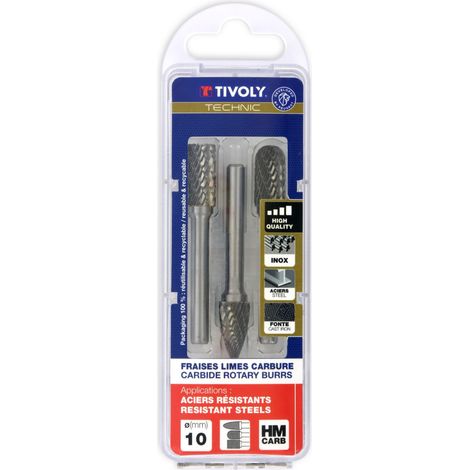 Tivoly • 3 fraises limes rotatives carbure Ø 10mm Denture normale avec brise copeaux queue de 6mm