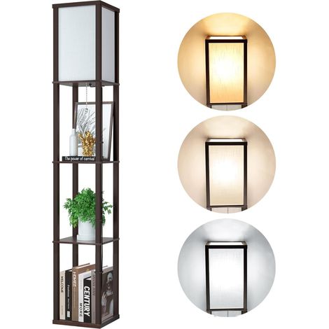 Wooden Floor Lamp, Brown Floor Lamp with Shelf, Modern Light Wood Tray with 3 Colour Temperatures E27 Bulb, Retro Decoration Lighting Light for Living Room, Office, Cafe, Hotel, Bedroom (1/5)
