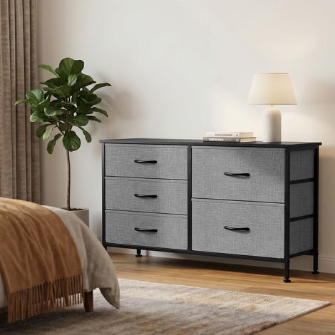 Cómoda con 5 Cajones de Tela Cómoda para Dormitorio Marco de Acero Cajonera para Salón Oficina Gris Oscuro y Negro (1/5)