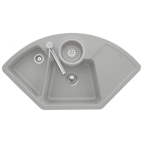 Solo Angle, 1075 x 600 mm, Évier d'angle, Évier à encastrer, Installation sur un meuble sous évier d'angle de 90 cm de côté, 2 cuves pouvant être fermées, inclus Vidage automatique et Vide-sauce trans