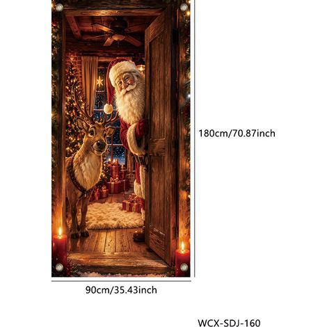 Décoration de porte de Noël 2026, rideau de porte extérieur, tissu suspendu, bannière de porte - 30 x 180 cm (œillets + ruban) - PPO-14