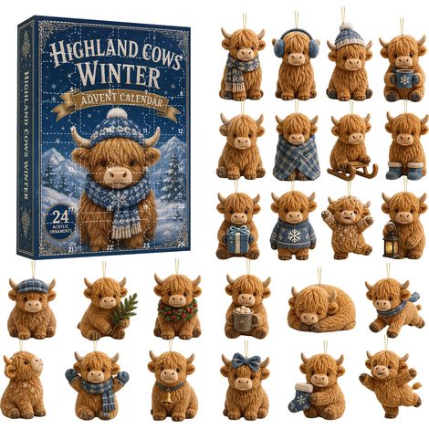 Adventskalender 2026 mit Hochlandkuh und blauer Socke – 24 flache, zweidimensionale Acryl-Hängeornamente – niedliche Weihnachtskühe in blauer Winterkleidung – Christbaumschmuck und einzigartiges Gesch (1/5)