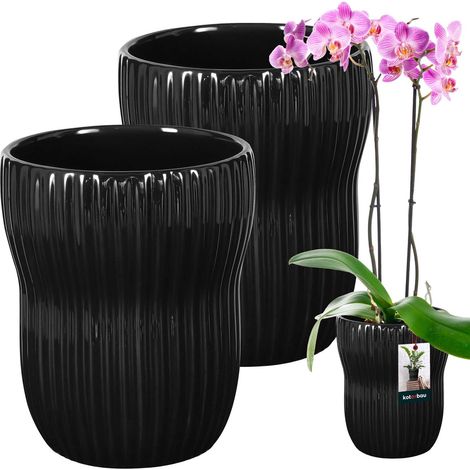 KOTARBAU® 2er-Set Blumentöpfe, 11,5 cm, schwarz glasierte Keramik, gerillte Blumen- und Kräutertöpfe, dekorative Abdeckung, Balkontöpfe