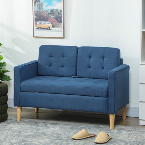Zweisitzer-Sofa mit Stauraum, Knopfheftung, Kissen, Kautschukbaumholz, 117x62x78cm, Blau