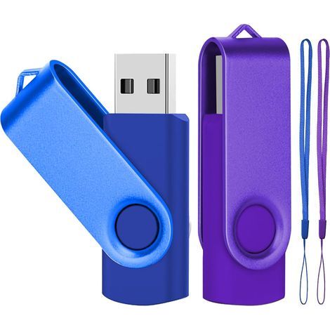 Pack of 2 64GB Swivel USB Flash Drives, USB 2.0, Rotating Storage Disk, Memory Stick, USB U Disk with LED Light, 2 Lanyards, Blue/Purple (1/5)