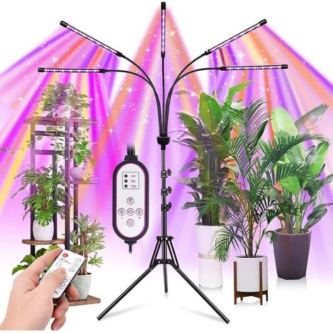 Lampe de croissance pour plantes d'intérieur, lampe à spectre complet 5 têtes (rouge, bleue et blanche), équipée d'un trépied réglable, d'une télécommande et d'une fonction marche/arrêt automatique.