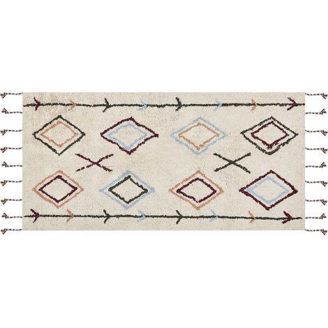 Alfombra de algodón beige claro marrón claro verde oscuro 80 x 150 cm a mano Corum