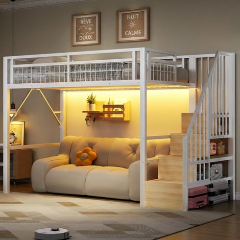 Lit Mezzanine 90x200 avec LED et Escalier de Rangement - Cadre Métal, Espace de Jeu Modulable, Blanc (1/5)