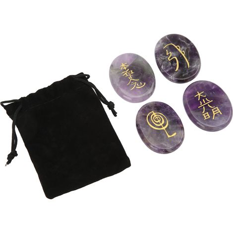 4 Reiki-Symbolsteine mit glatter Oberfläche, graviert, für Heimdekoration, Meditation, Ornament, Geschenk, Amethyst (1/5)