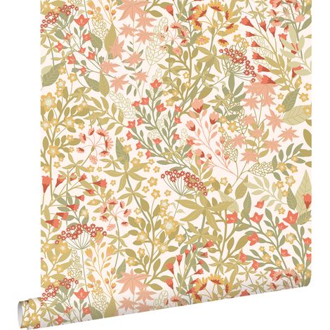 papier peint fleurs des champs vert, rose et jaune ocre - ESTAhome