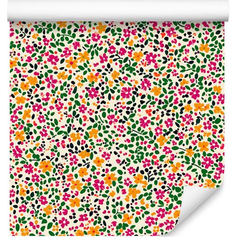 Tapete mit kleinen Blumen, beige, grün, korallenrot und limettengrün, 50 x 1000 cm (1/5)