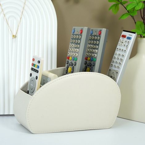 Boîte de rangement à 5 compartiments, en cuir doublé de daim, idéale pour ranger télécommandes, produits cosmétiques et fournitures de bureau. Convient pour le salon, la chambre et le bureau (blanc). (1/3)