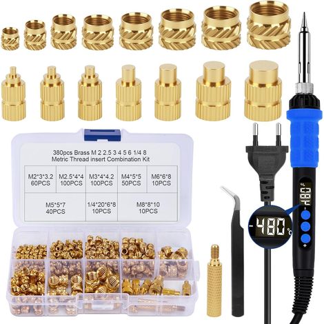 390 Pièces Inserts Filetés,Fer à souder LED 90W avec température réglable avec 380 pièces M2-M8 Insert Fileté Metal Pour Composants d'Impression 3D et Pièces en Plastique (1/5)