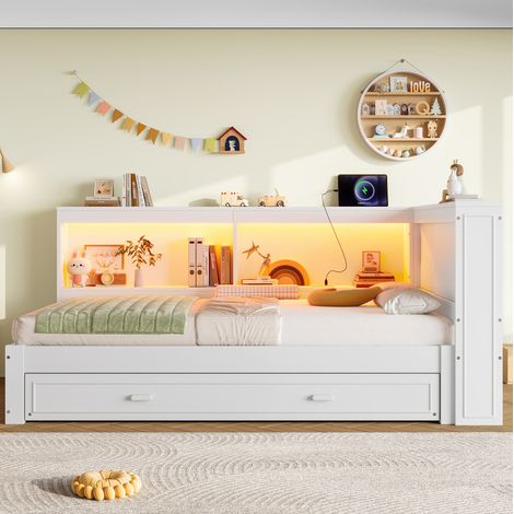 Cama daybed moderna 90x200 cm de pino, blanca, con cama extraíble, LED y USB/Type-C (1/5)