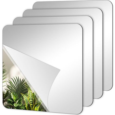 Lot de 4 miroirs adhésifs - Miroir acrylique à coller - 15 x 15 cm - Autocollant mural - Miroir mural flexible - Pour salle de bain, salon, chambre à coucher (1/5)