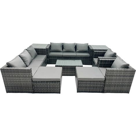 Fimous Rattan Garden Furniture Dining Set 10-seater Patio Coffee Table Sofa Set with 2 Big Stools 2 Side Tables Dark Grey Mixed (1/5)
