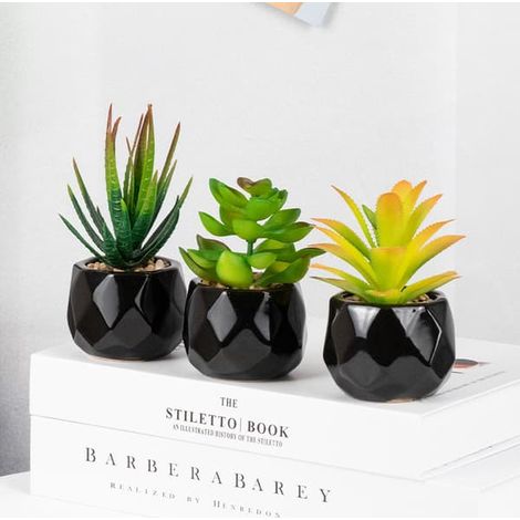 Lot de 3 plantes succulentes artificielles en petits pots carrés blancs pour la décoration de la maison et du jardin, vertes (Céramique 1) (1/2)