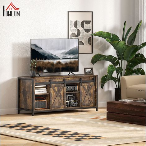 Mobile TV 120x40x54 cm marrone in legno multistrato con ante scorrevoli, 6 vani e passacavi (1/5)