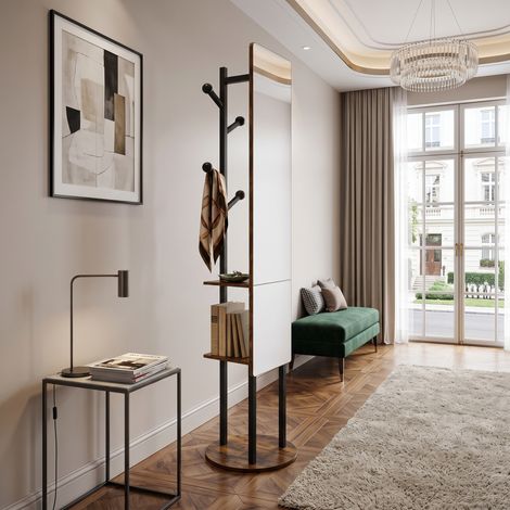 Creahappy Porte-Manteau avec Miroir Psyché Sur Pied Rotatif 360° 40x174 cm - Gain de Place avec Étagères Style Industriel - Brun Rustique (1/5)